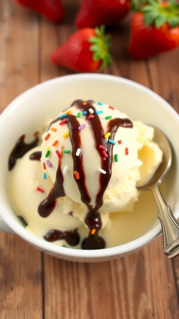 A bowl of vanilla ice cream topped with chocolate sauce and sprinkles, with strawberries on a wooden table.